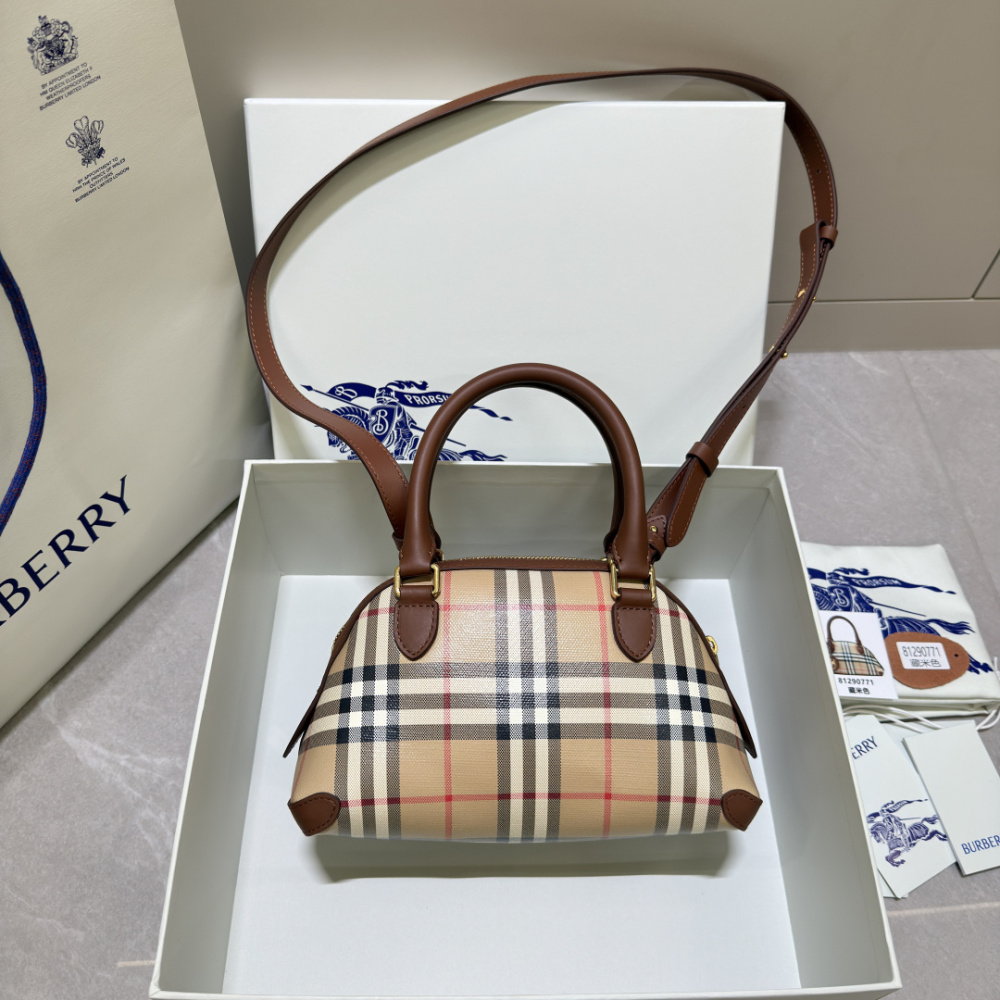 Burberry Vintage Check Dome Top Handle Bag Archive Beige Check Canvas Brown Leather Trim Two Sizes