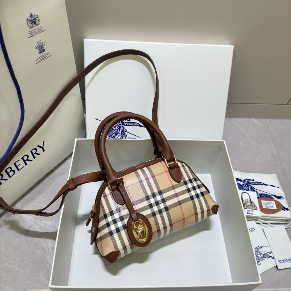 Burberry Vintage Check Dome Top Handle Bag Archive Beige Check Canvas Brown Leather Trim Two Sizes