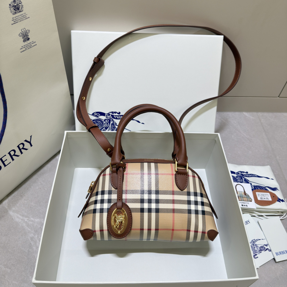 Burberry Vintage Check Dome Top Handle Bag Archive Beige Check Canvas Brown Leather Trim Two Sizes