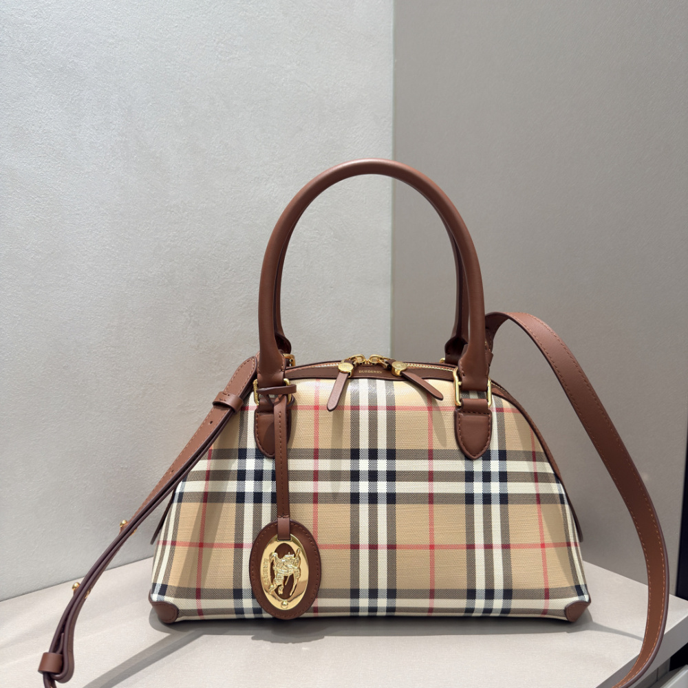 Burberry Vintage Check Dome Top Handle Bag Archive Beige Check Canvas Brown Leather Trim Two Sizes