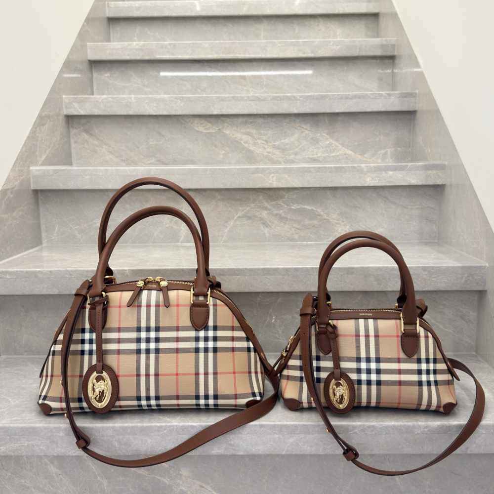 Burberry Vintage Check Dome Top Handle Bag Archive Beige Check Canvas Brown Leather Trim Two Sizes