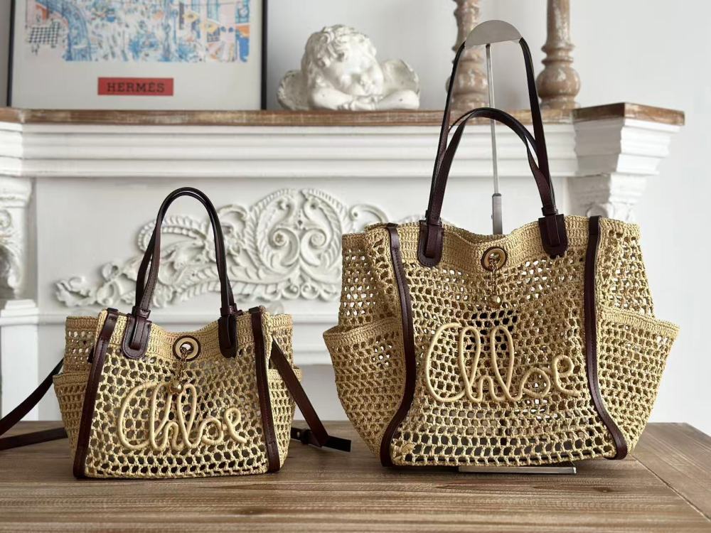 Chloe Summer Banana Handmade Hollow Raffia Tote Gold Ball Chain Charm Vacation Crossbody Handbag