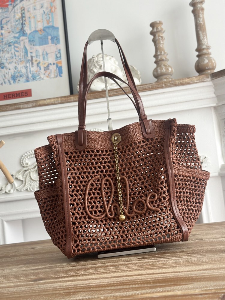 Chloe Summer Banana Handmade Hollow Raffia Tote Gold Ball Chain Charm Vacation Crossbody Handbag