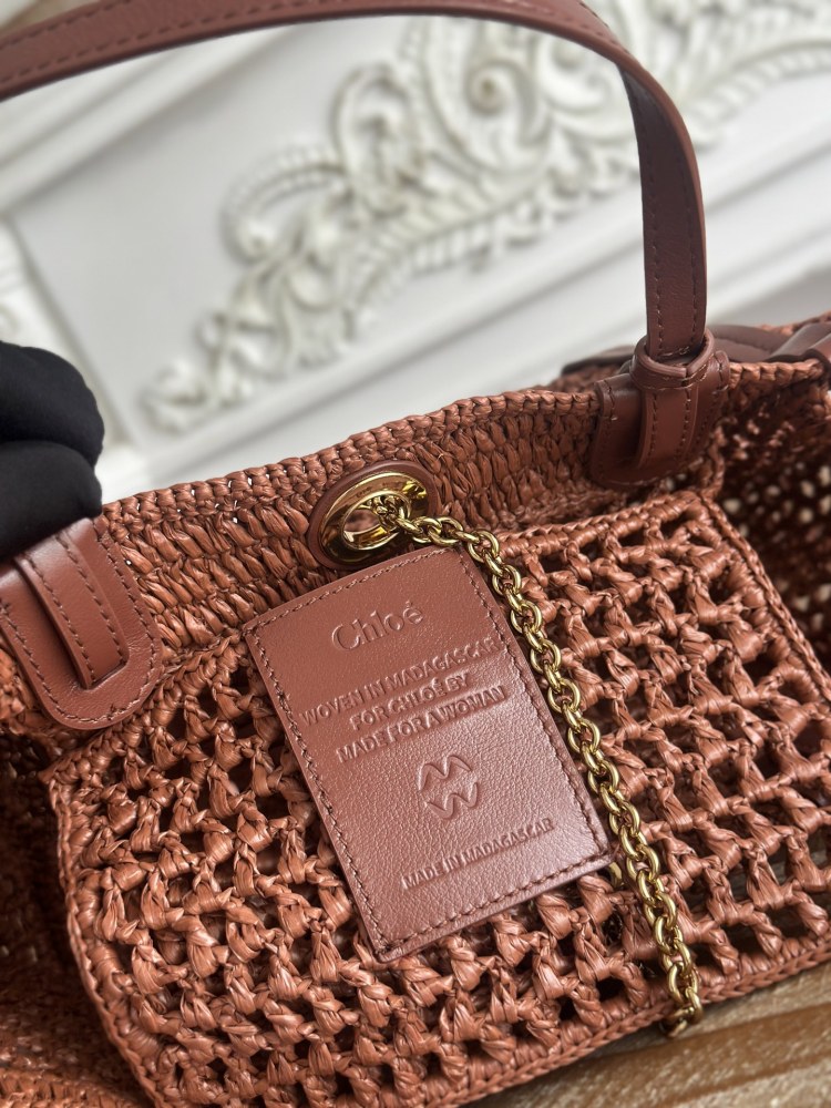 Chloe Summer Banana Handmade Hollow Raffia Tote Gold Ball Chain Charm Vacation Crossbody Handbag