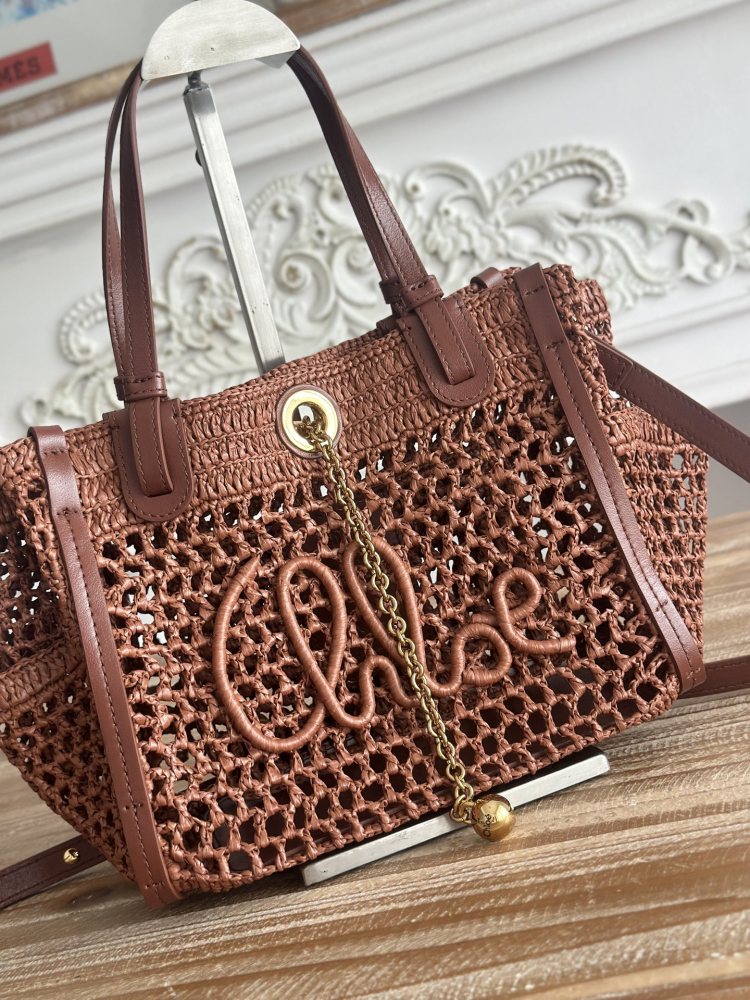 Chloe Summer Banana Handmade Hollow Raffia Tote Gold Ball Chain Charm Vacation Crossbody Handbag
