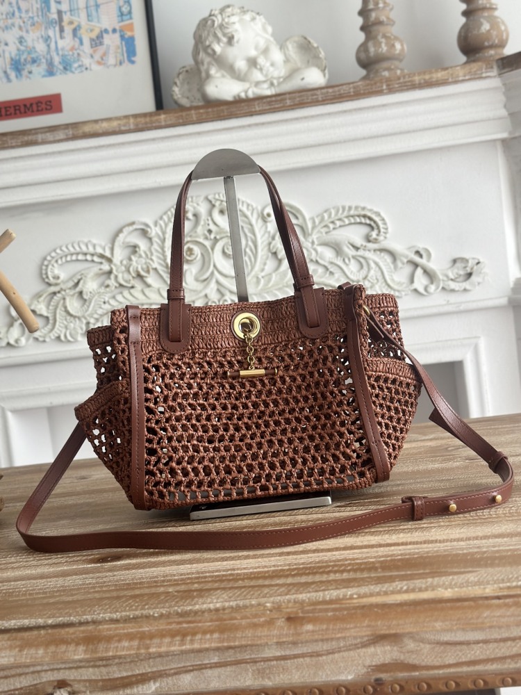 Chloe Summer Banana Handmade Hollow Raffia Tote Gold Ball Chain Charm Vacation Crossbody Handbag