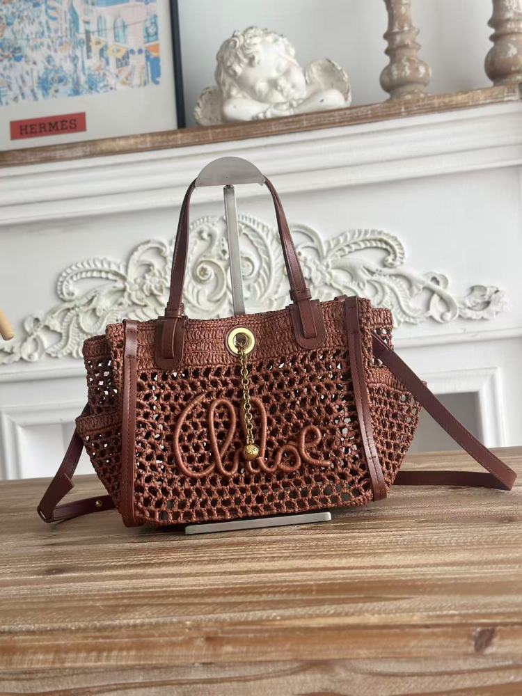 Chloe Summer Banana Handmade Hollow Raffia Tote Gold Ball Chain Charm Vacation Crossbody Handbag