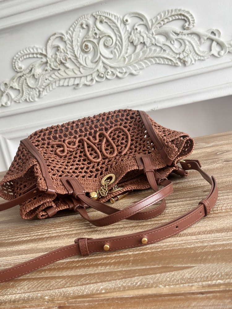 Chloe Summer Banana Handmade Hollow Raffia Tote Gold Ball Chain Charm Vacation Crossbody Handbag