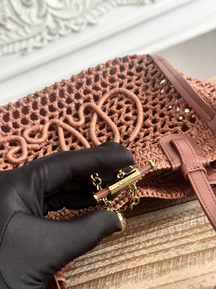 Chloe Summer Banana Handmade Hollow Raffia Tote Gold Ball Chain Charm Vacation Crossbody Handbag