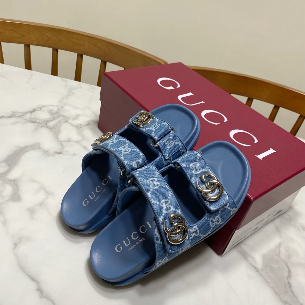 Gucci Velcro Beach Slides Monogram Slipper Women's GG Double Strap Sandal Flat Casual Summer Slippers