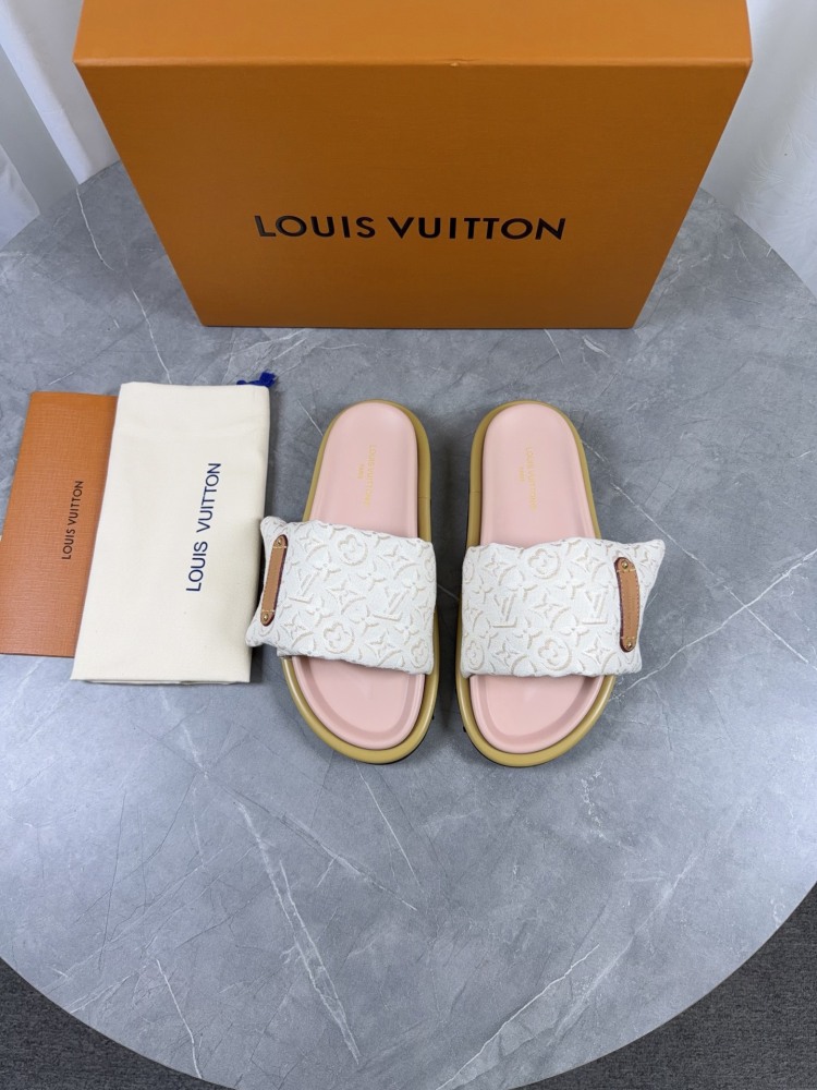 LV Pool Pillow Slide Sandals Adjustable Monogram Canvas Flat Slides Luxury Summer Beach Slippers For Men Women