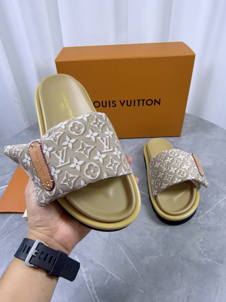 LV Pool Pillow Slide Sandals Adjustable Monogram Canvas Flat Slides Luxury Summer Beach Slippers For Men Women
