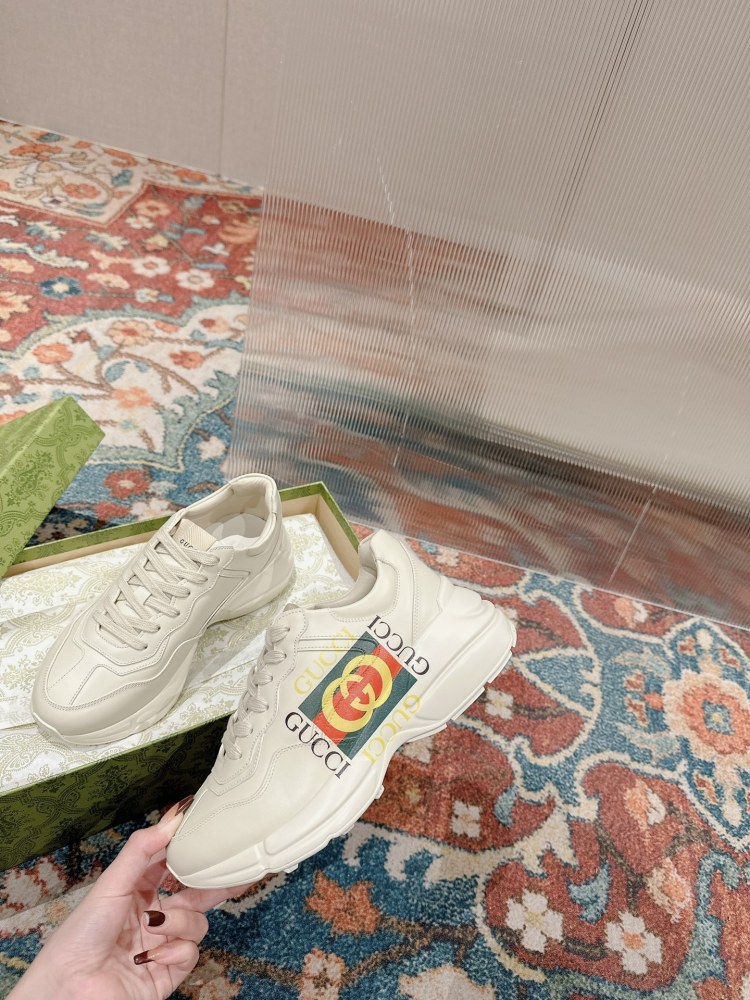 Gucci Rhyton Ivory Leather Sneakers With Web Stripe Logo Chunky Platform Designer Casual Shoes For Men Women