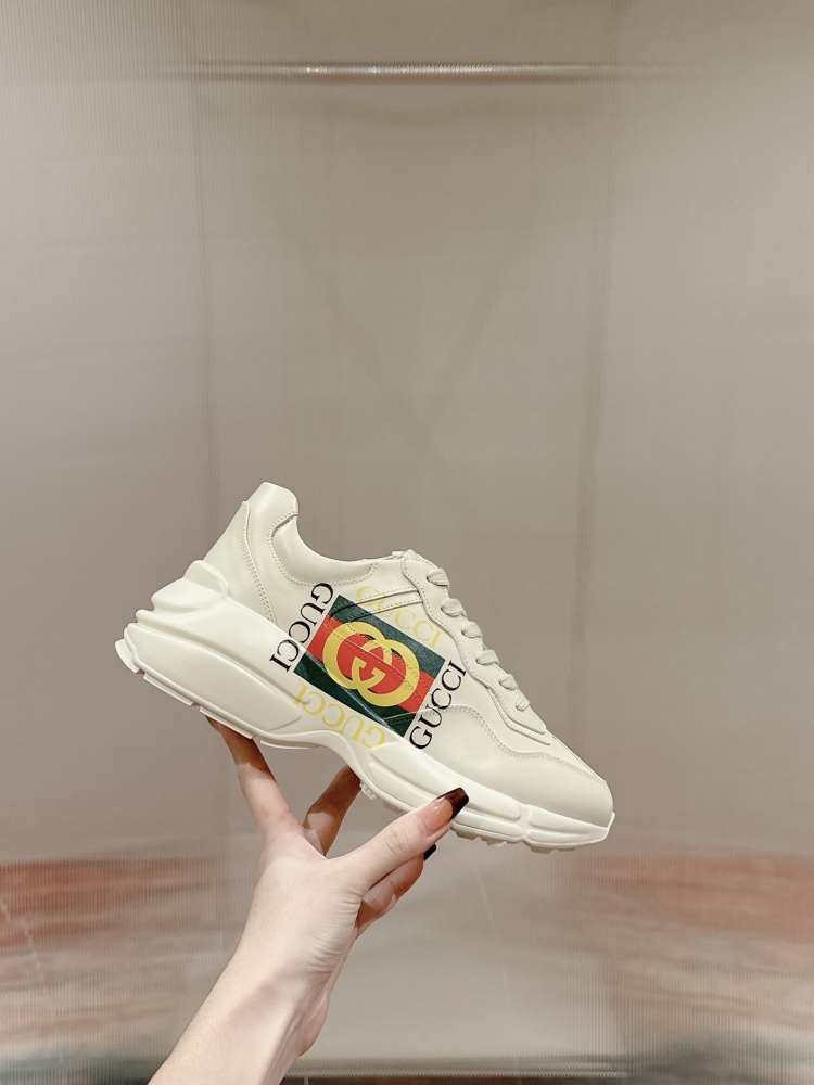 Gucci Rhyton Ivory Leather Sneakers With Web Stripe Logo Chunky Platform Designer Casual Shoes For Men Women
