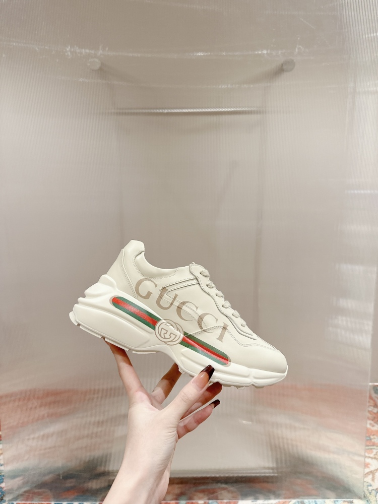 Gucci Rhyton Ivory Leather Sneakers With Web Stripe Logo Chunky Platform Designer Casual Shoes For Men Women