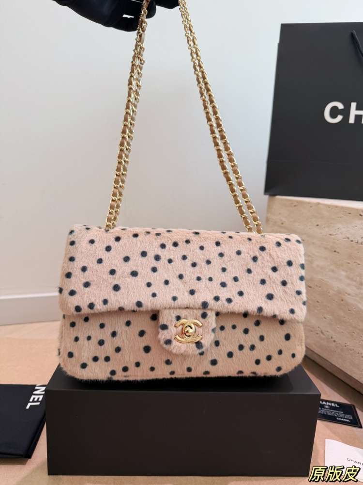 Chanel 26A Leopard Print Plush Polka Dot CF Chain Bag Faux Fur Gold‑Tone Hardware Chain Shoulder Crossbody Bag