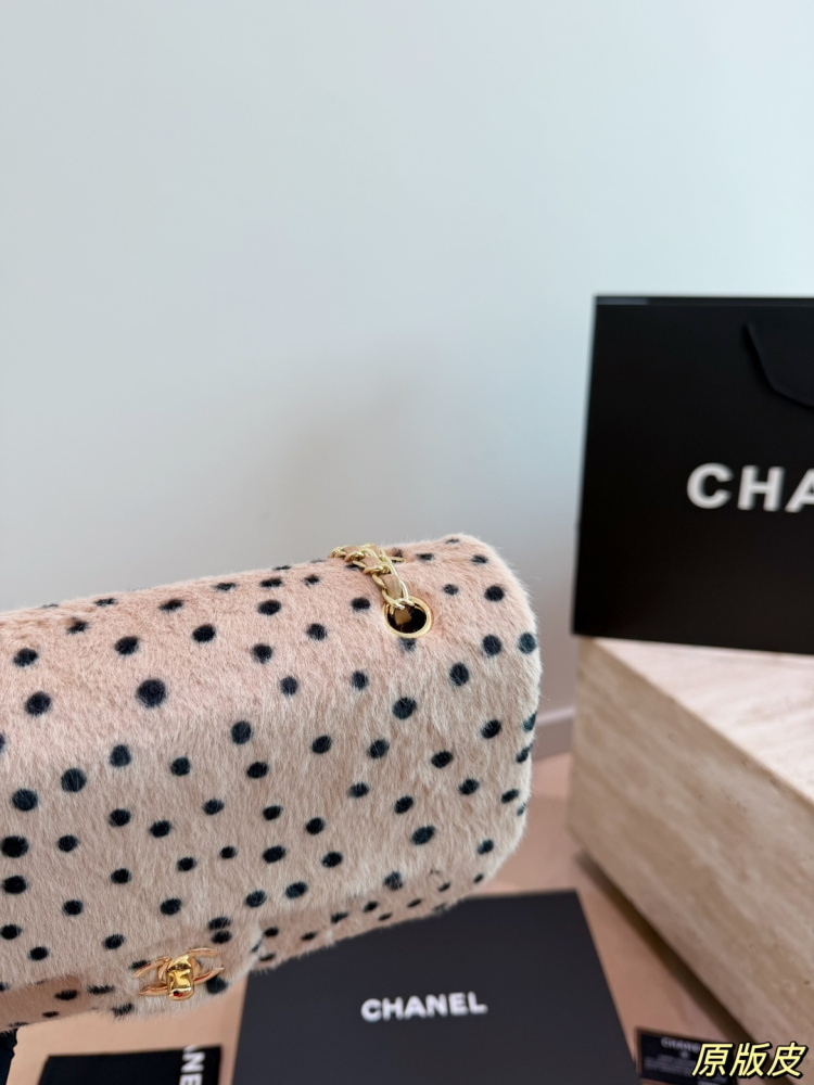 Chanel 26A Leopard Print Plush Polka Dot CF Chain Bag Faux Fur Gold‑Tone Hardware Chain Shoulder Crossbody Bag