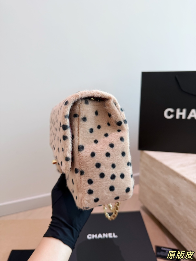 Chanel 26A Leopard Print Plush Polka Dot CF Chain Bag Faux Fur Gold‑Tone Hardware Chain Shoulder Crossbody Bag