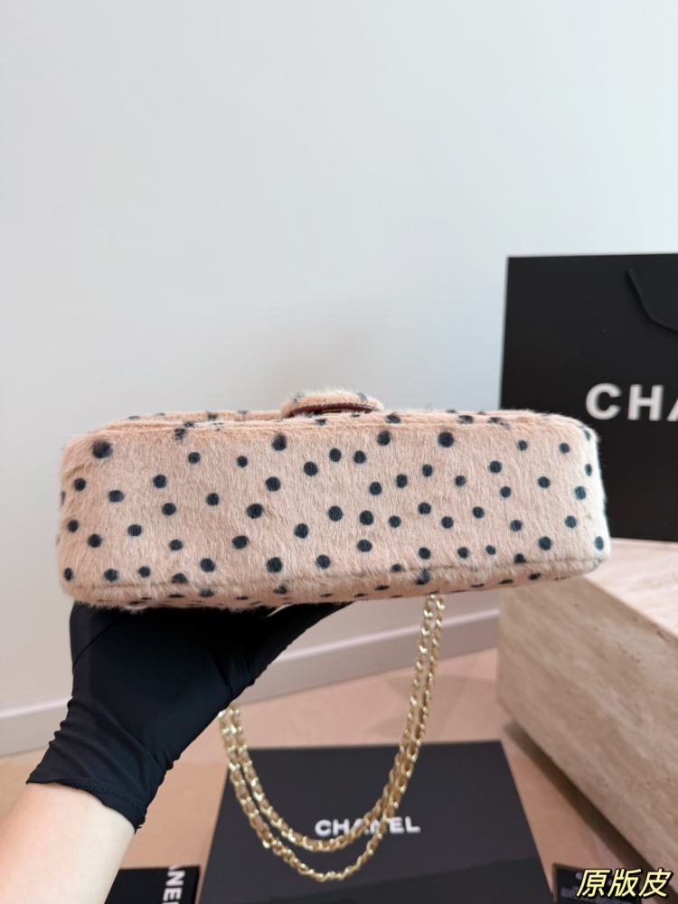 Chanel 26A Leopard Print Plush Polka Dot CF Chain Bag Faux Fur Gold‑Tone Hardware Chain Shoulder Crossbody Bag