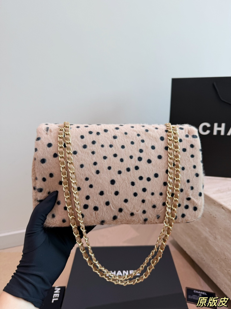 Chanel 26A Leopard Print Plush Polka Dot CF Chain Bag Faux Fur Gold‑Tone Hardware Chain Shoulder Crossbody Bag