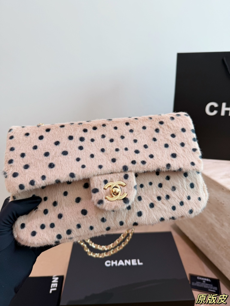 Chanel 26A Leopard Print Plush Polka Dot CF Chain Bag Faux Fur Gold‑Tone Hardware Chain Shoulder Crossbody Bag