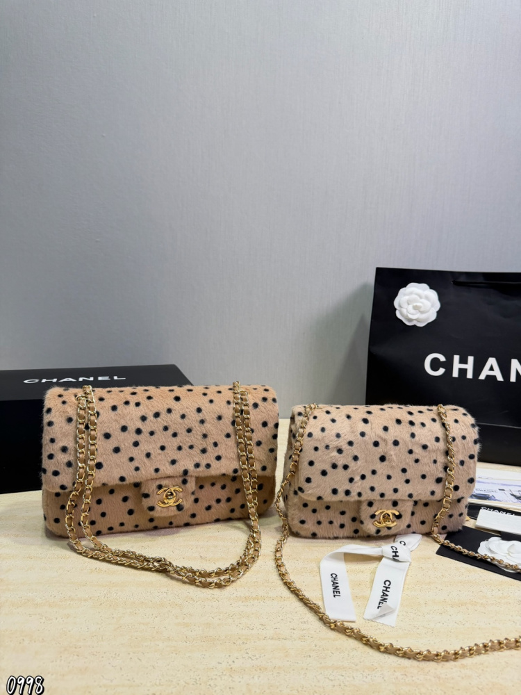 Chanel 26A Leopard Print Plush Polka Dot CF Chain Bag Faux Fur Gold‑Tone Hardware Chain Shoulder Crossbody Bag