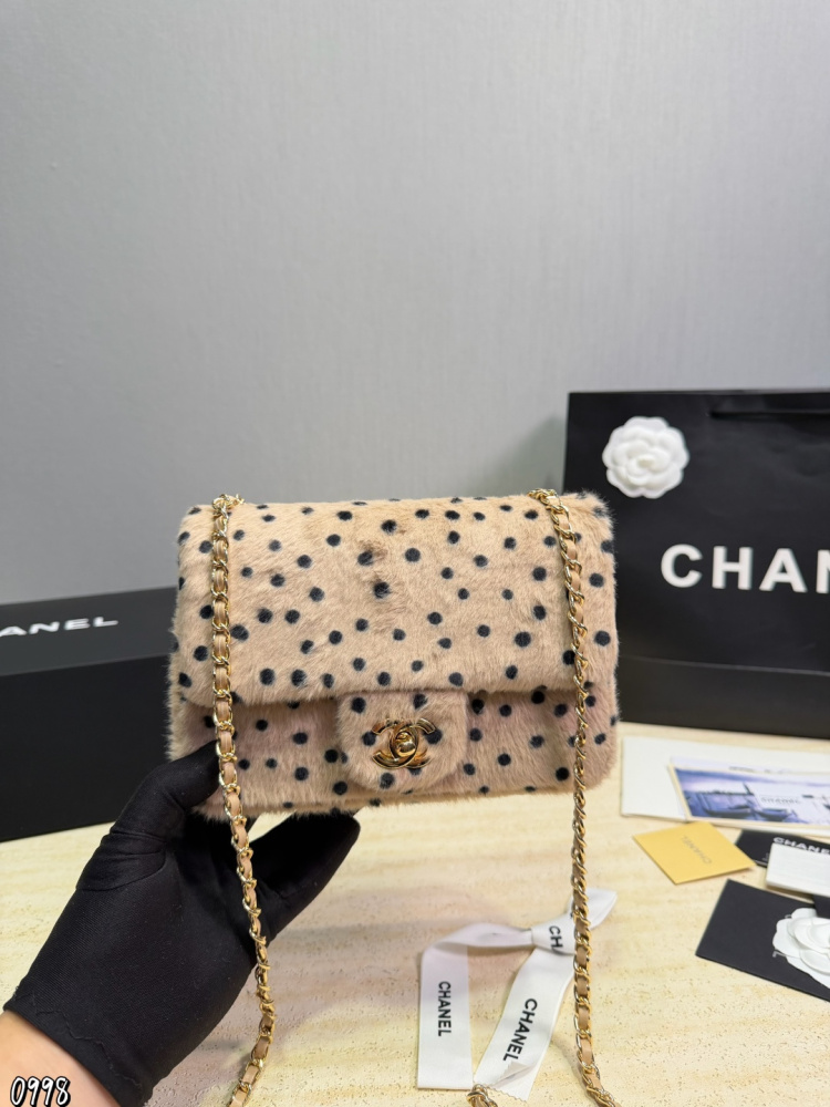 Chanel 26A Leopard Print Plush Polka Dot CF Chain Bag Faux Fur Gold‑Tone Hardware Chain Shoulder Crossbody Bag