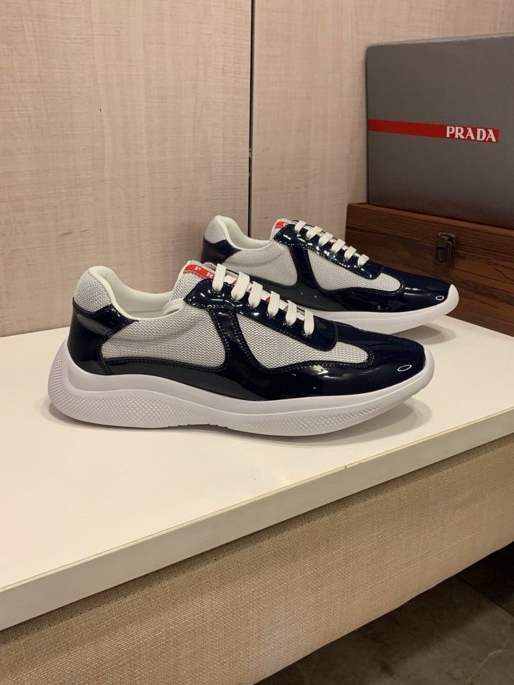 Prada America's Cup Patent Leather Mesh Sneakers Low Top Designer Casual Shoes for Men Daily Wear
