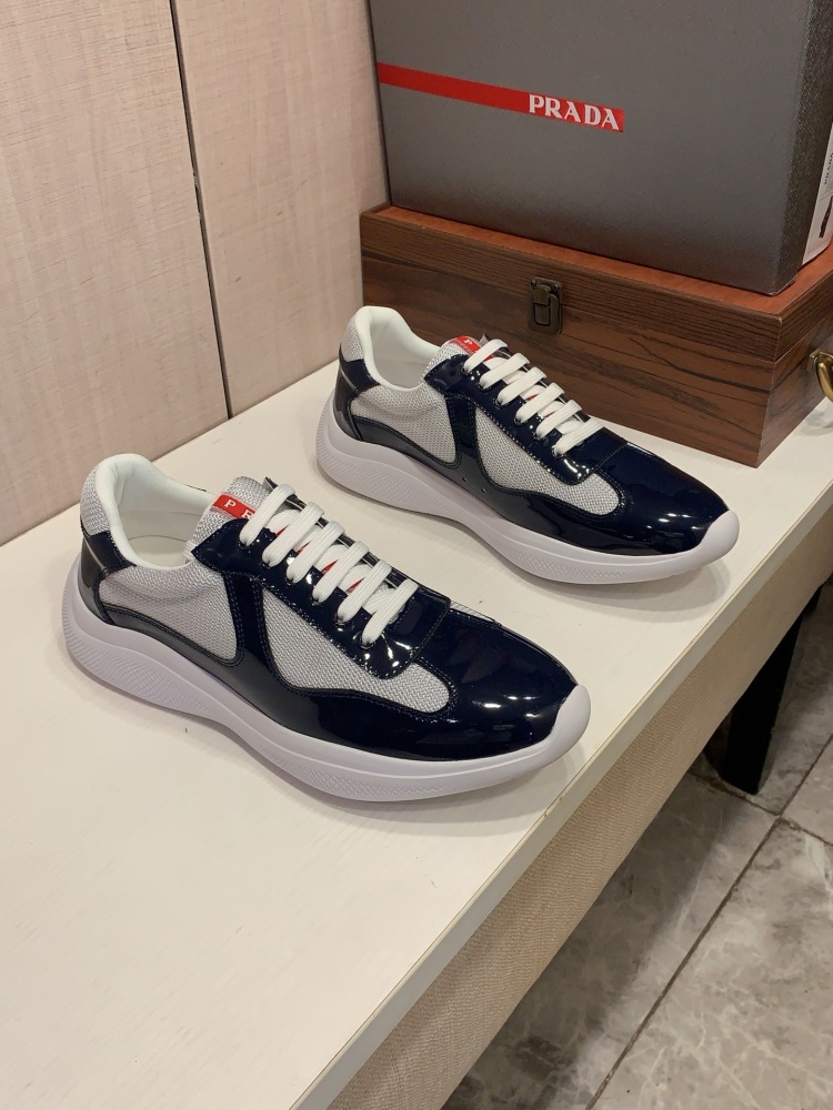 Prada America's Cup Patent Leather Mesh Sneakers Low Top Designer Casual Shoes for Men Daily Wear