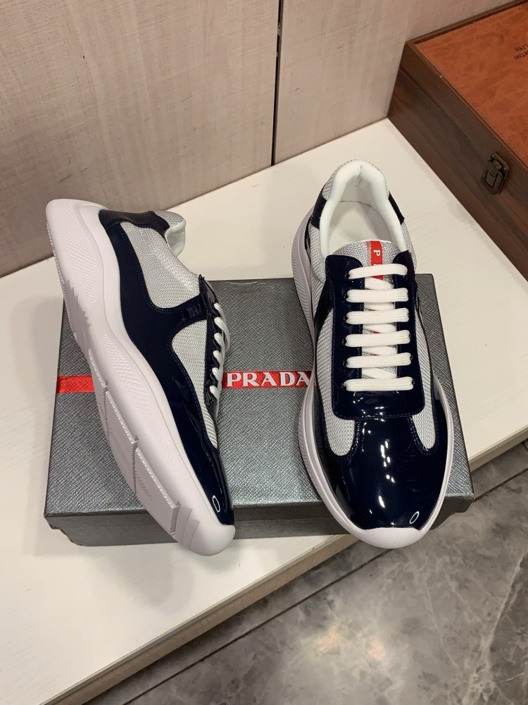 Prada America's Cup Patent Leather Mesh Sneakers Low Top Designer Casual Shoes for Men Daily Wear
