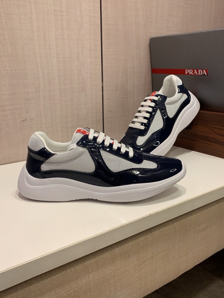 Prada America's Cup Patent Leather Mesh Sneakers Low Top Designer Casual Shoes for Men Daily Wear