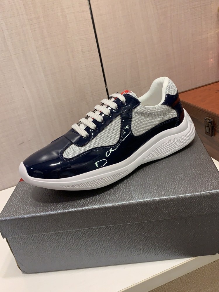 Prada America's Cup Patent Leather Mesh Sneakers Low Top Designer Casual Shoes for Men Daily Wear