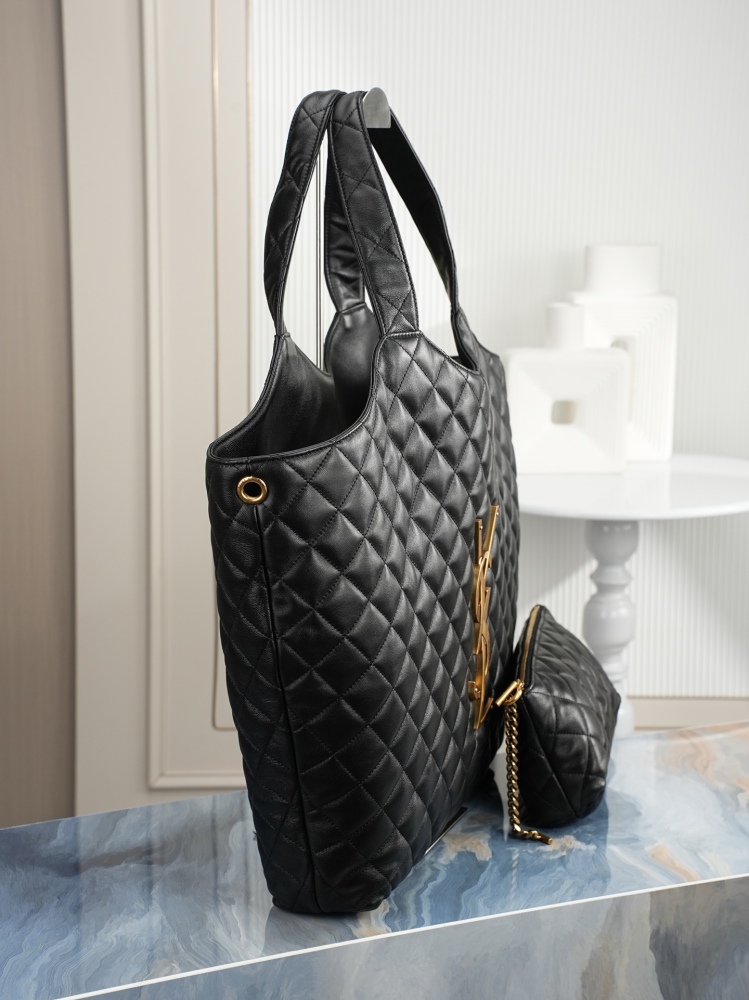 SAINT LAURENT ICARE Maxi Tote Bag Black/Gold Lambskin 698651