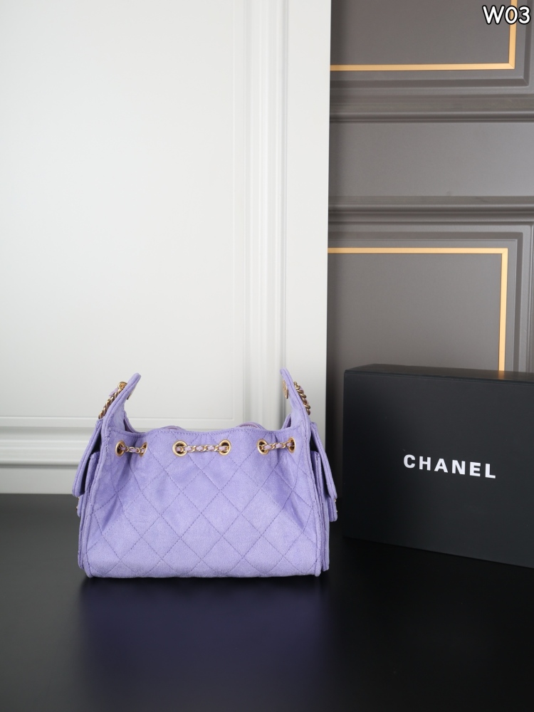  Chanel 25 Mini Handbag Suede Calfskin Hobo Bucket Bag Lilac Purple Gold‑Tone Metal 25C AS5631 