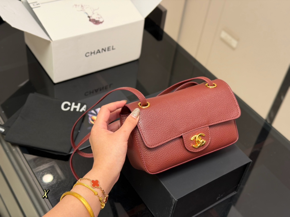 Chanel 26B New CF Burgundy Caviar Textured Leather with Gold Hardware Crossbody Shoulder Bag