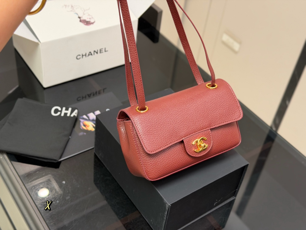 Chanel 26B New CF Burgundy Caviar Textured Leather with Gold Hardware Crossbody Shoulder Bag