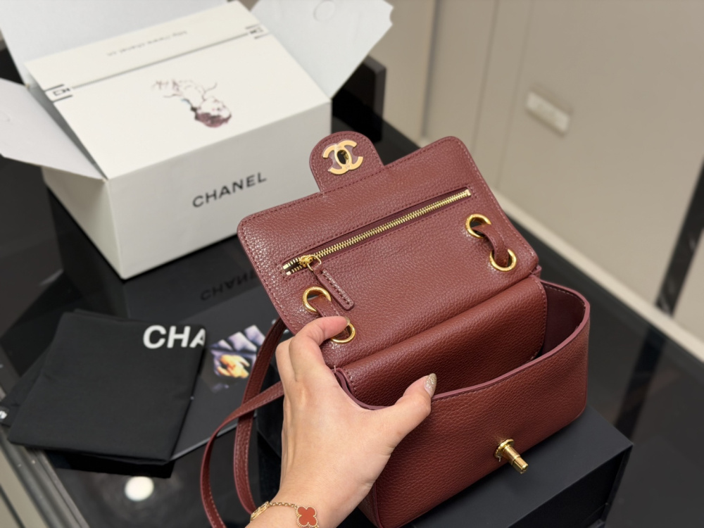Chanel 26B New CF Burgundy Caviar Textured Leather with Gold Hardware Crossbody Shoulder Bag