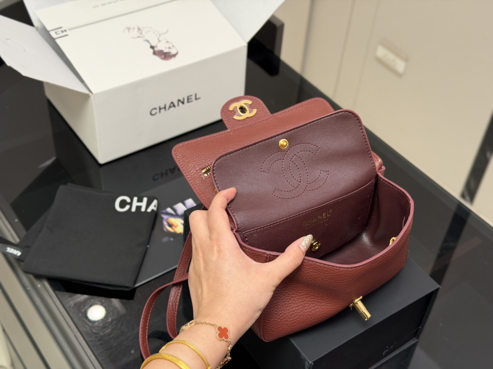 Chanel 26B New CF Burgundy Caviar Textured Leather with Gold Hardware Crossbody Shoulder Bag