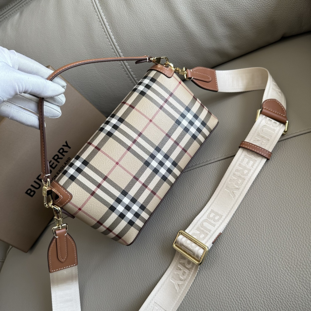 Burberry Note Style Small Check Top‑Handle Bag, Vintage Plaid Canvas Leather Shoulder Crossbody Bag for Women
