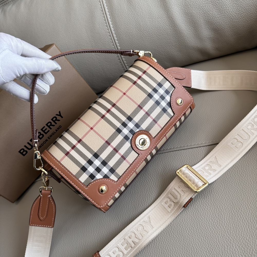 Burberry Note Style Small Check Top‑Handle Bag, Vintage Plaid Canvas Leather Shoulder Crossbody Bag for Women