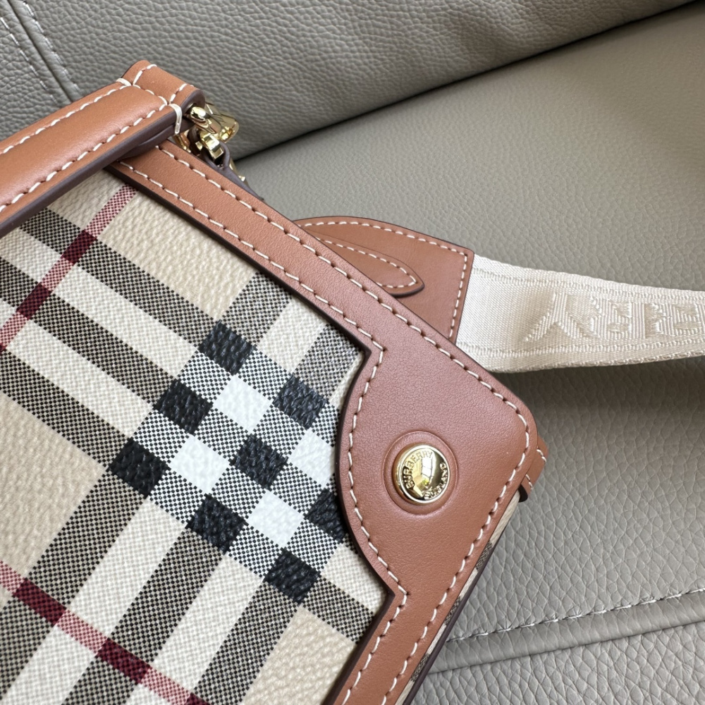Burberry Note Style Small Check Top‑Handle Bag, Vintage Plaid Canvas Leather Shoulder Crossbody Bag for Women