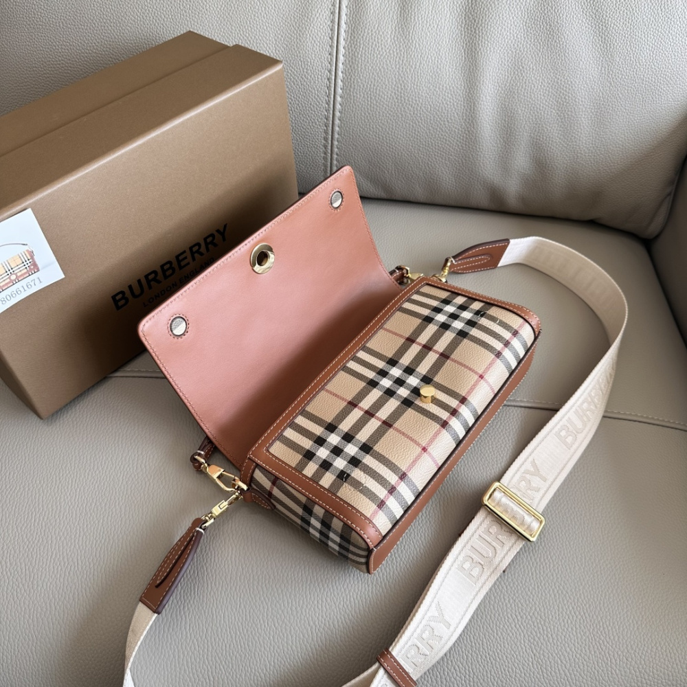 Burberry Note Style Small Check Top‑Handle Bag, Vintage Plaid Canvas Leather Shoulder Crossbody Bag for Women