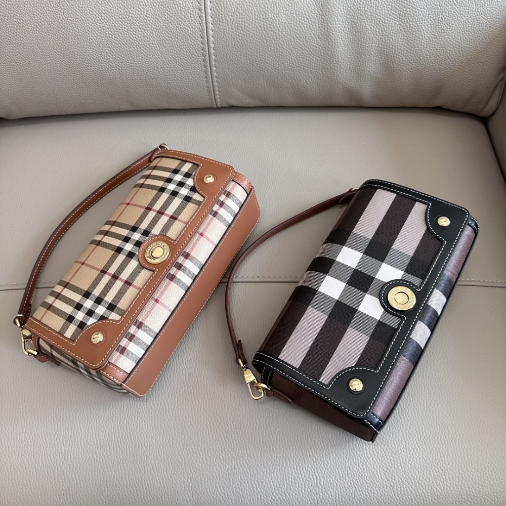 Burberry Note Style Small Check Top‑Handle Bag, Vintage Plaid Canvas Leather Shoulder Crossbody Bag for Women