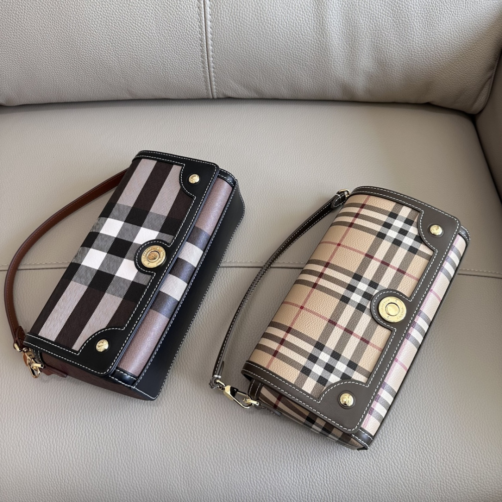 Burberry Note Style Small Check Top‑Handle Bag, Vintage Plaid Canvas Leather Shoulder Crossbody Bag for Women