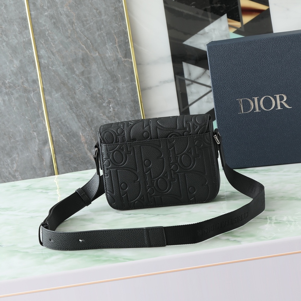 Dior Jett Style Messenger Bag with Flap, Embossed Grained Calfskin Leather Men's Crossbody Shoulder Bag