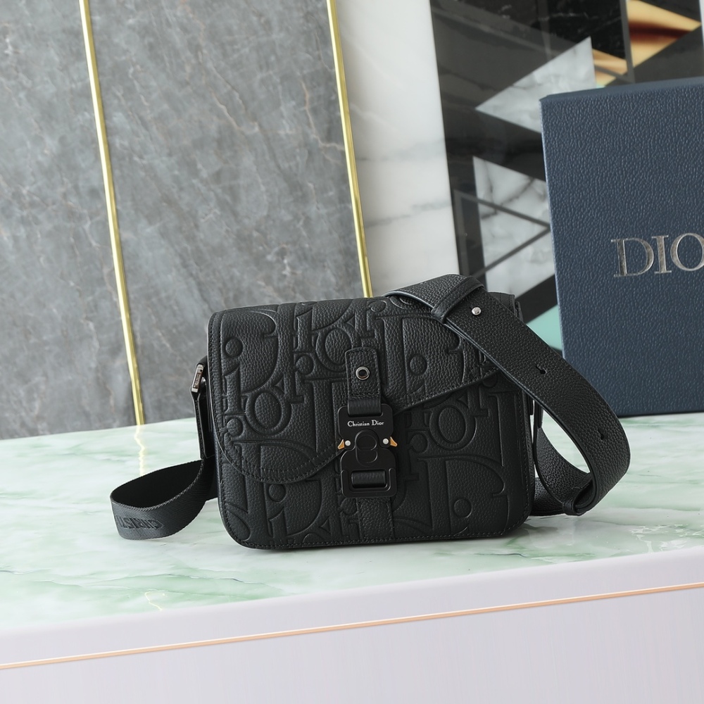 Dior Jett Style Messenger Bag with Flap, Embossed Grained Calfskin Leather Men's Crossbody Shoulder Bag