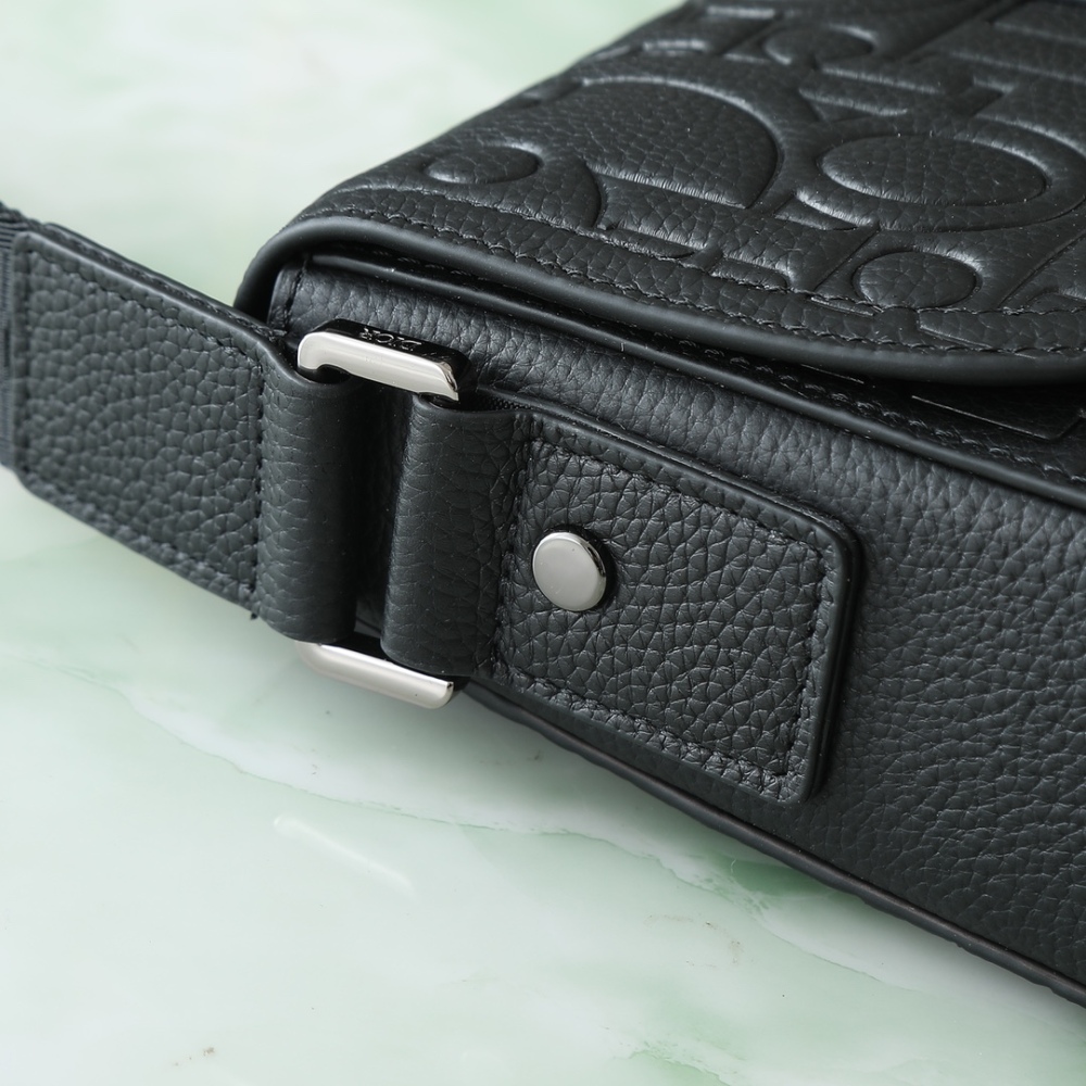 Dior Jett Style Messenger Bag with Flap, Embossed Grained Calfskin Leather Men's Crossbody Shoulder Bag