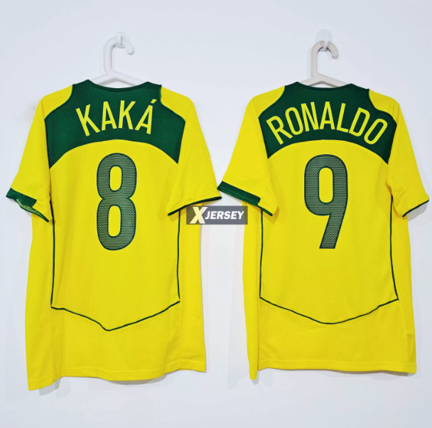 Brazil 2004 Home Jersey, T.90 Classic, featuring Ronaldo, Kaka, Ronaldinho, and Adriano.