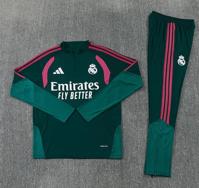 22627 Real Madrid Club Soccer Training Kit (Dark Green & Rose Pink, Half-Zip Long Sleeve, Cristiano Ronaldo Style) – Customizable Jerseys for Kids & Adults