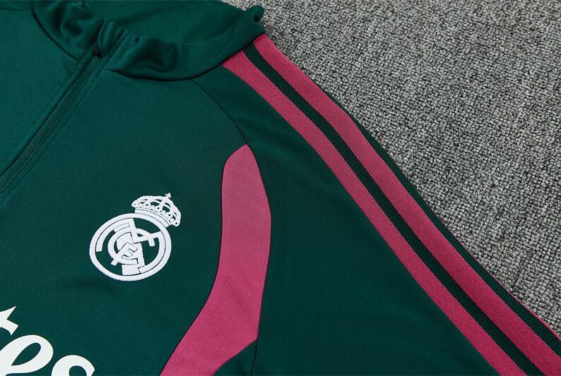 22627 Real Madrid Club Soccer Training Kit (Dark Green & Rose Pink, Half-Zip Long Sleeve, Cristiano Ronaldo Style) – Customizable Jerseys for Kids & Adults
